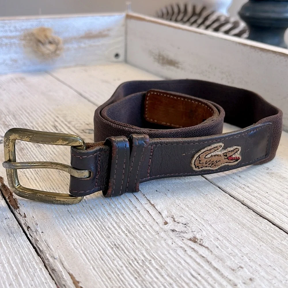 LACOSTE VINTAGE stretch belt kids• brown leather trim solid brass buckle • 30/75